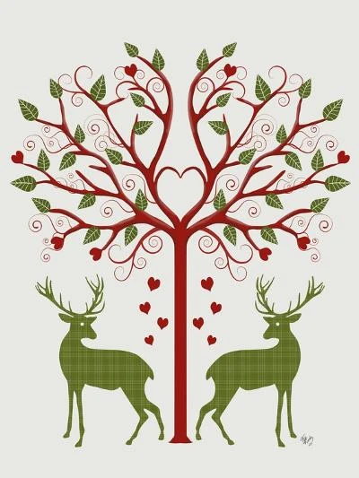 Christmas Des - Deer And Heart Tree, On Cream 12" X 16" Just The Print 2 Christmas Des - Deer And Heart Tree, On Cream 12" X 16" Just The Print - Image 2