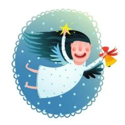 Cute Angel Girl Holding Star And Bell Flying At Night Merry Christmas Greeting Card. Merry Christma 16" X 16" Just The Print