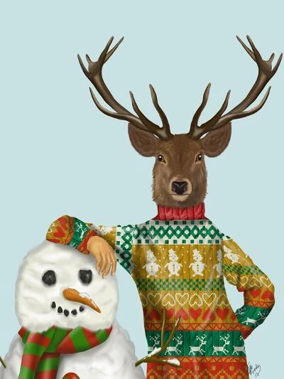 Deer In Christmas Sweater With Snowman 12" X 16" Just The Print 1 Deer In Christmas Sweater With Snowman 12" X 16" Just The Print
