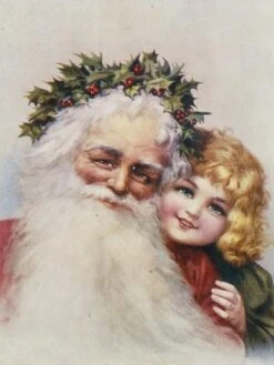 Holly Crowned Father Christmas And Child 12" X 16" Just The Print
