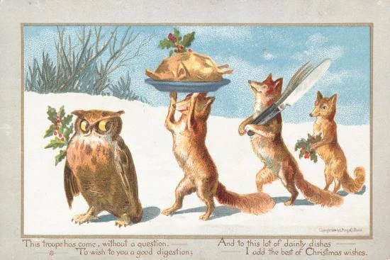 Owl And Foxes Carrying Christmas Feast, Christmas Card 18" X 12" Just The Print 2 Owl And Foxes Carrying Christmas Feast, Christmas Card 18" X 12" Just The Print - Image 2