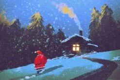 Winter Landscape With Santa Claus And Wooden House At Christmas Night,Illustration Painting 18" X 12" Just The Print -The Print Shop winter landscape with santa claus and wooden house at christmas night illustration painting u L Q1K56EV0 2